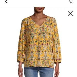 St. John's Bay Womens V Neck 3/4 Sleeve Blouse Gold Floral